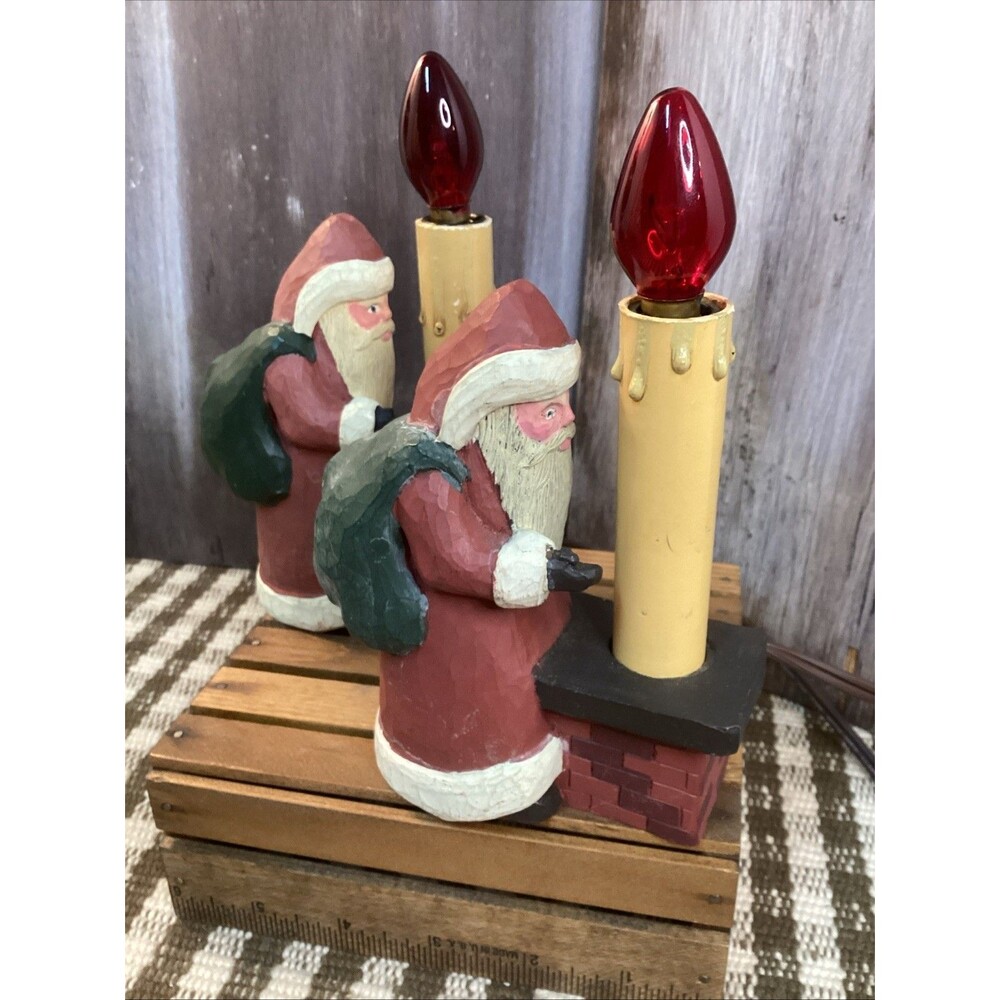 Country Santa & Chimney Christmas Candlesticks Accent Lamp Night Light Set